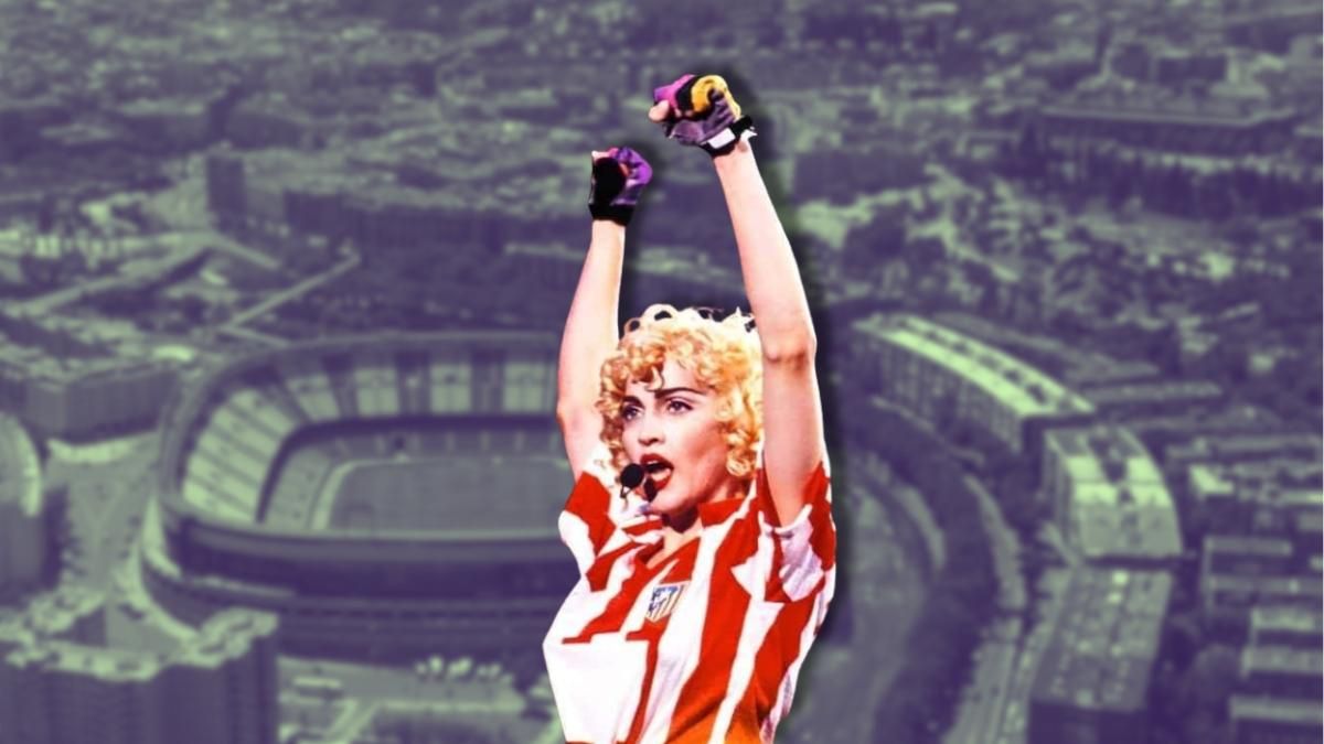 Montaje con una imagen de Madonna sobre el Vicente Calderón.