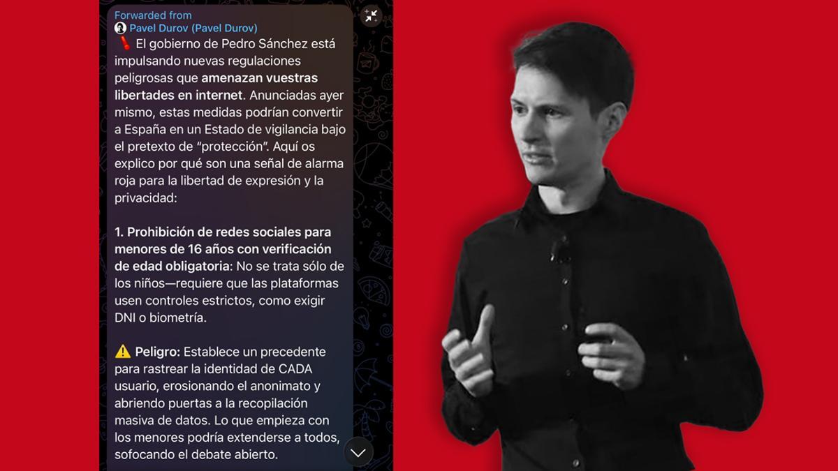 El CEO de Telegram, Pavel Durov, con el mensaje enviado contra Sánchez.